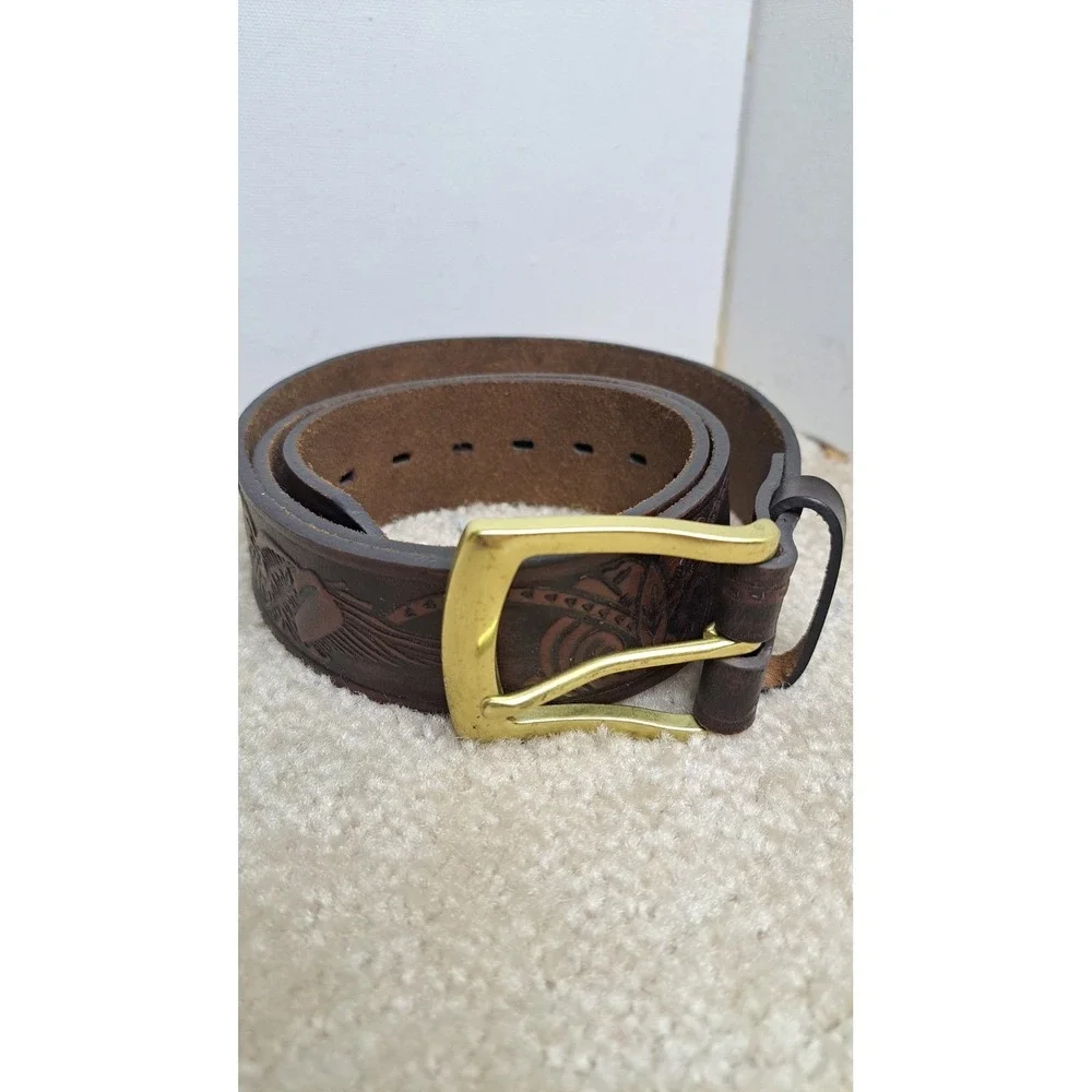 Wrangler Embossed Genuine Leather Western Belt Brown Brass Buckle  Size 33-37in
